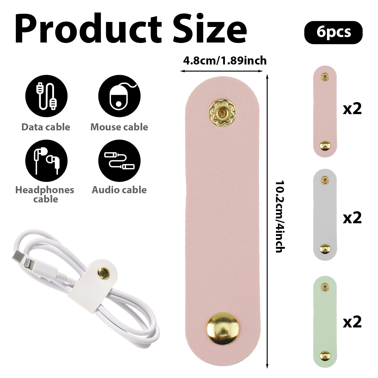 6Pcs Leather Cord Organizer Reusable Cable Straps Pu Leather Cable Organizer Phone Cord Ties Charging Cord Power Cord Headphone